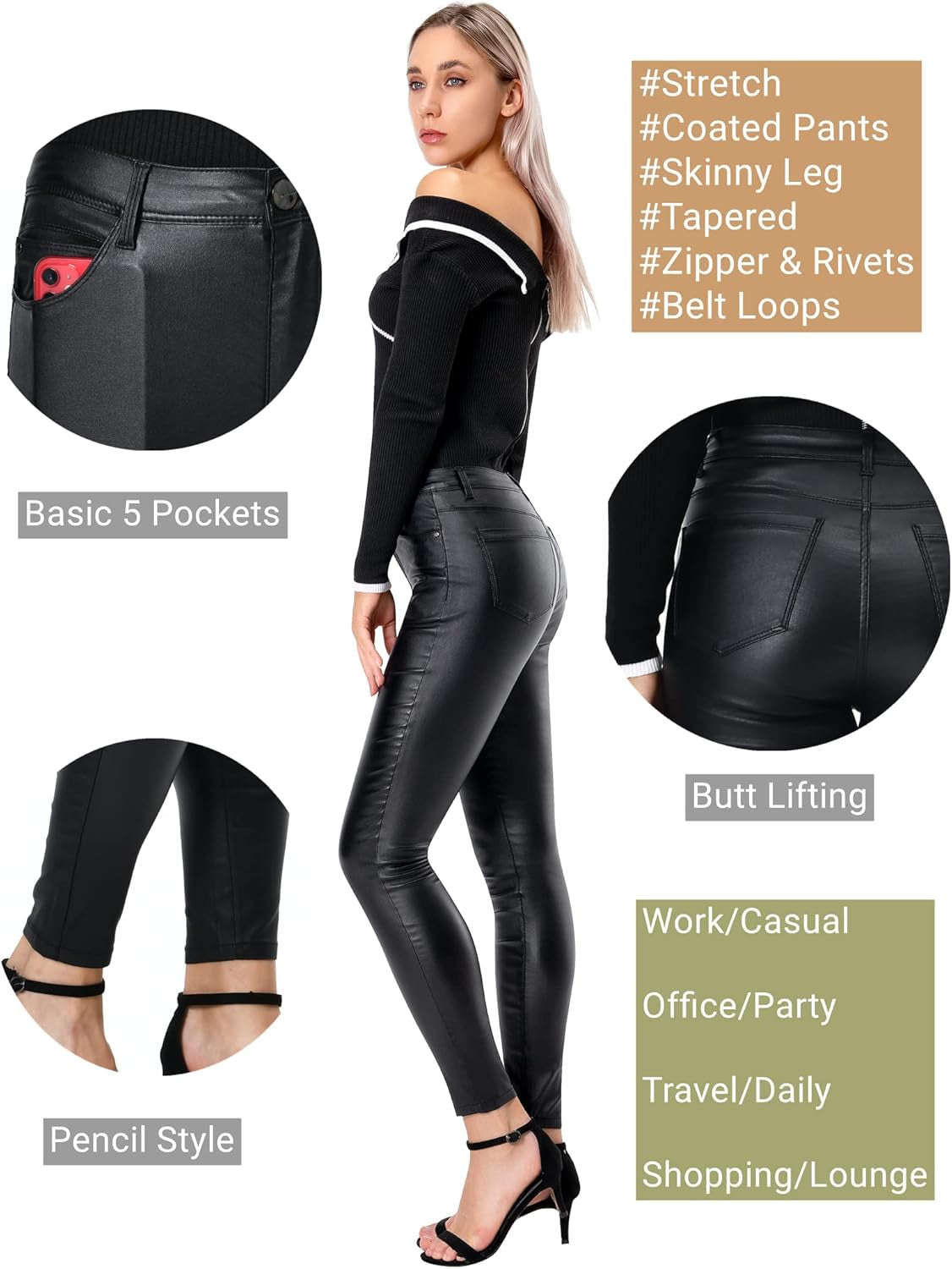 High-Waisted Stretchy Faux Leather Leggings for Women