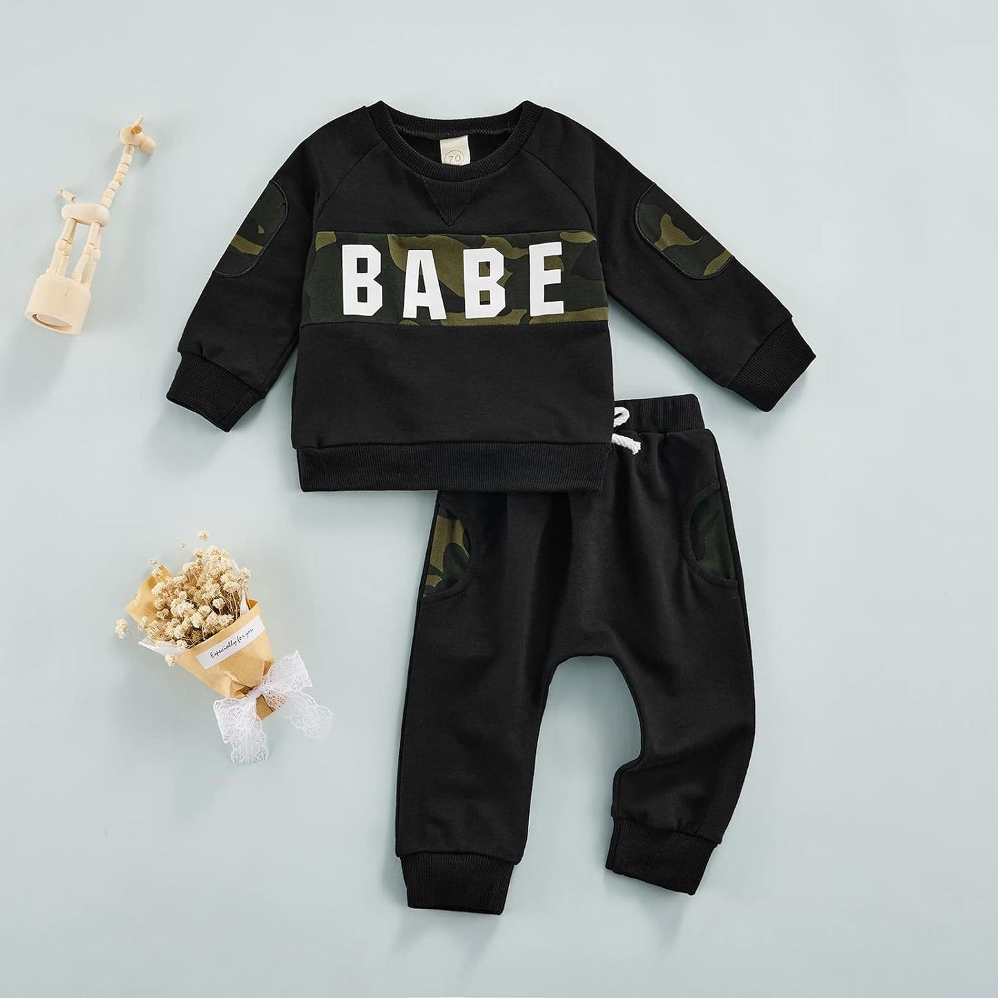 Infant Unisex Hooded Sweatshirt and Pants Set with Letter Print - Long Sleeve Romper Outfit (Black, 18-24 Months)