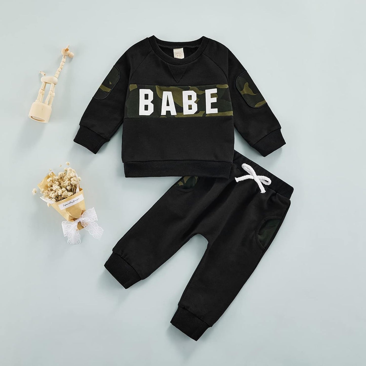 Infant Unisex Hooded Sweatshirt and Pants Set with Letter Print - Long Sleeve Romper Outfit (Black, 18-24 Months)