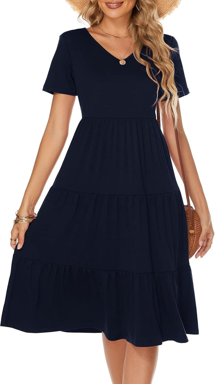 Women'S Casual Summer Tiered Midi Dress 2025 Short Sleeve V-Neck Loose Cotton Ruffle Babydoll Dress Boho Sundress