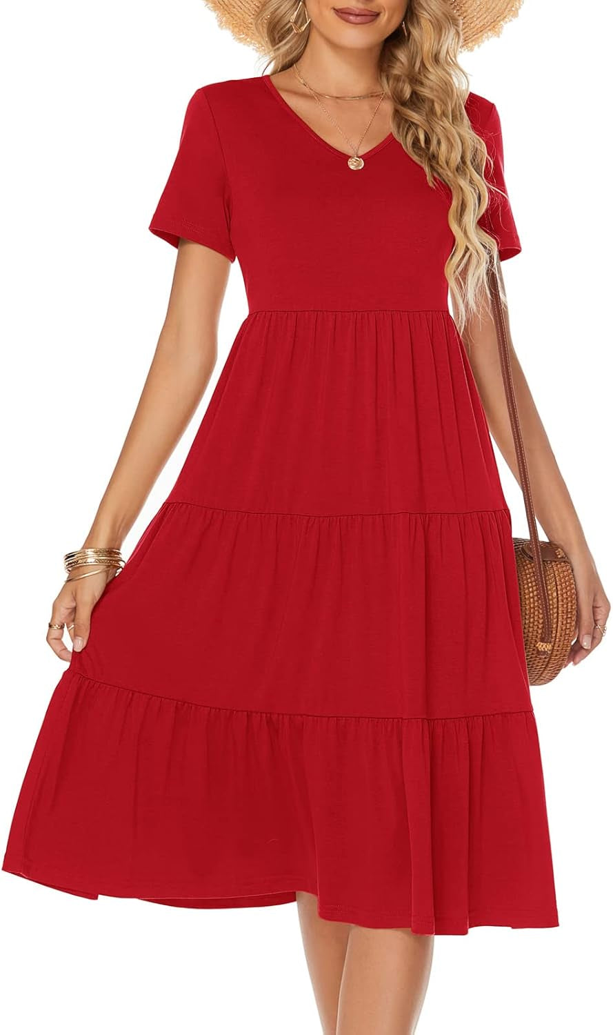 Women'S Casual Summer Tiered Midi Dress 2025 Short Sleeve V-Neck Loose Cotton Ruffle Babydoll Dress Boho Sundress