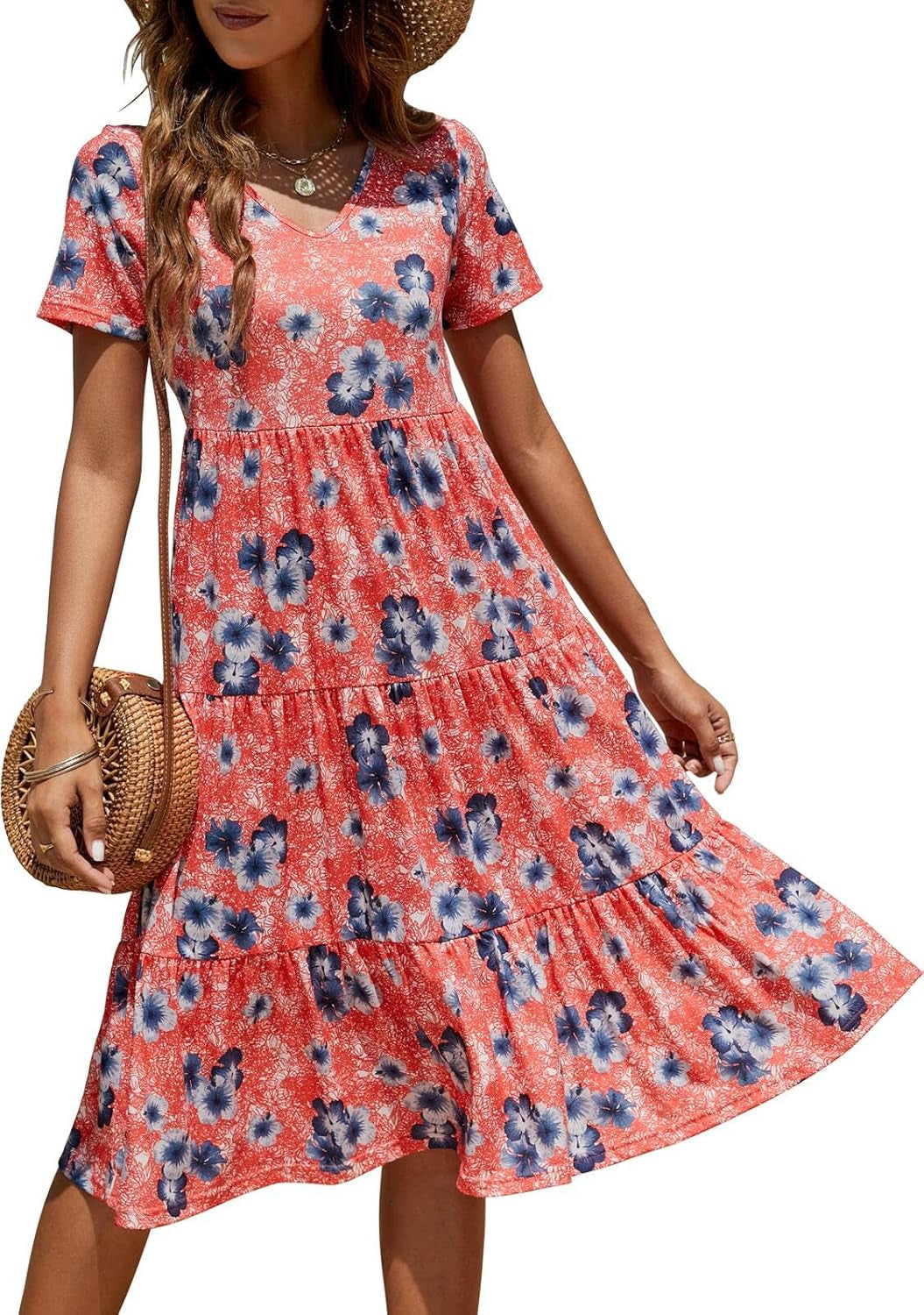 Women'S Casual Summer Tiered Midi Dress 2025 Short Sleeve V-Neck Loose Cotton Ruffle Babydoll Dress Boho Sundress