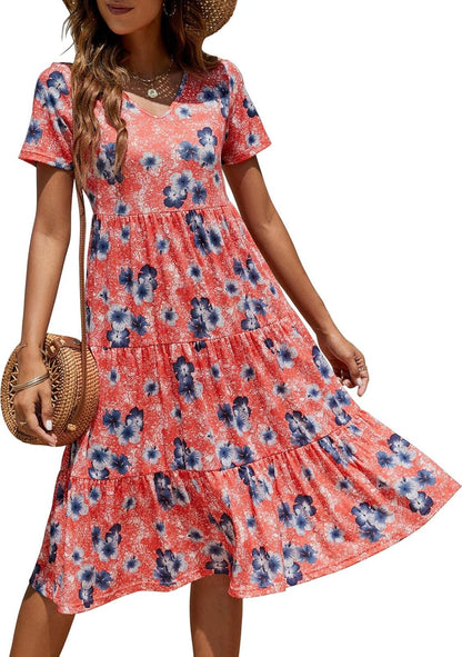 Women'S Casual Summer Tiered Midi Dress 2025 Short Sleeve V-Neck Loose Cotton Ruffle Babydoll Dress Boho Sundress