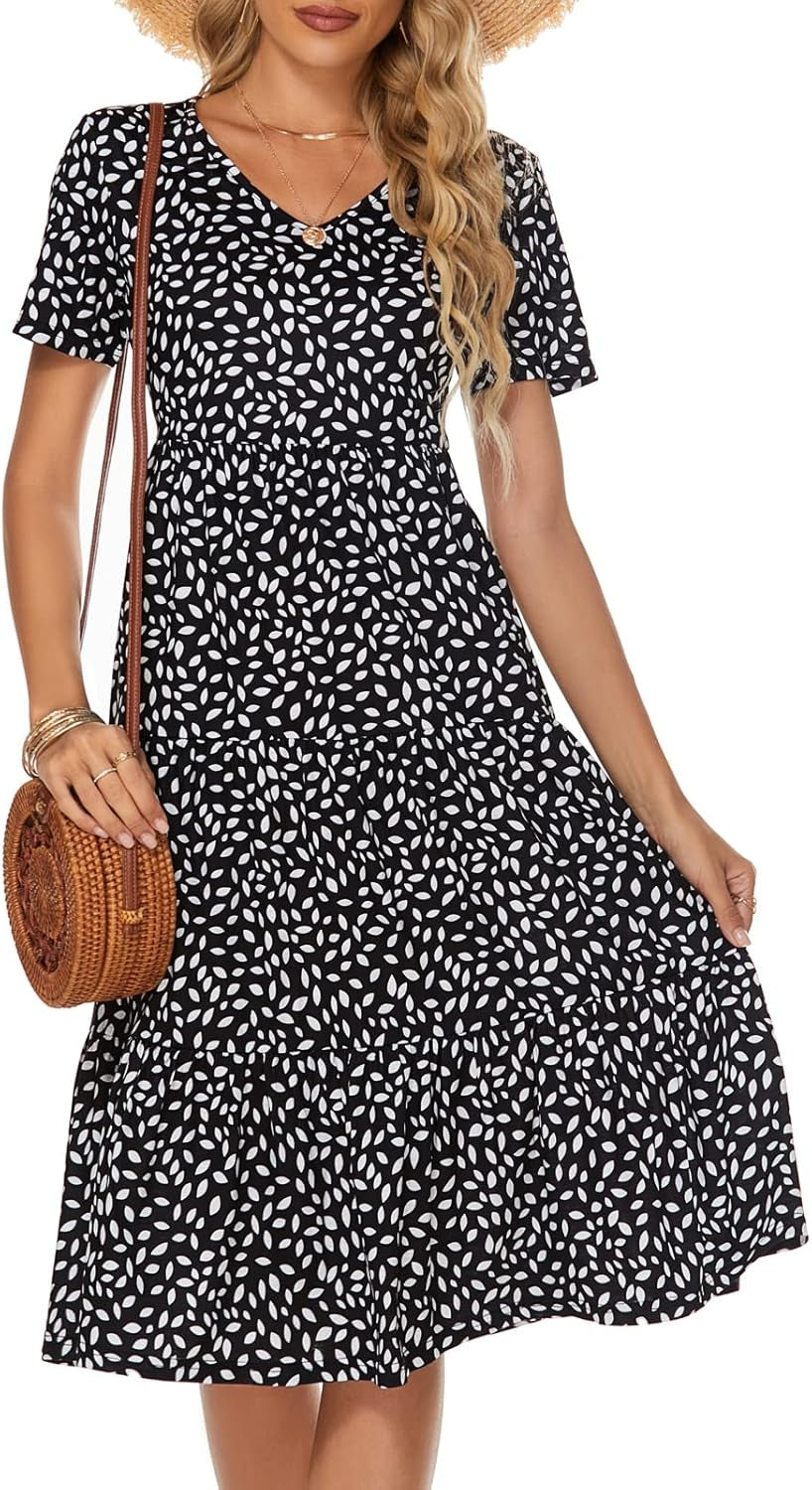 Women'S Casual Summer Tiered Midi Dress 2025 Short Sleeve V-Neck Loose Cotton Ruffle Babydoll Dress Boho Sundress