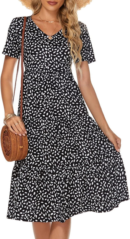 Women'S Casual Summer Tiered Midi Dress 2025 Short Sleeve V-Neck Loose Cotton Ruffle Babydoll Dress Boho Sundress
