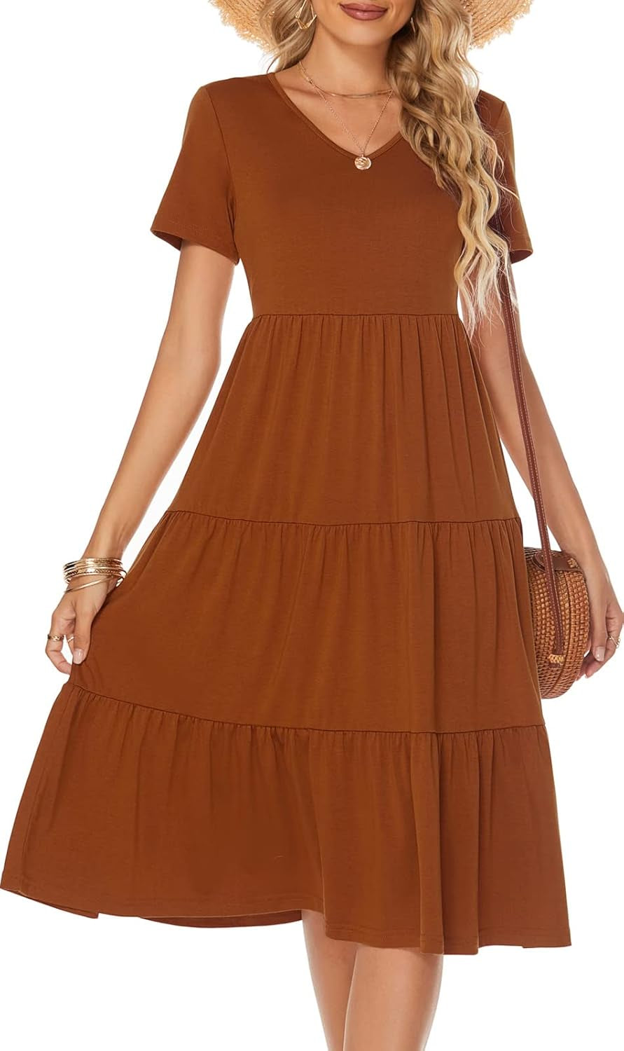 Women'S Casual Summer Tiered Midi Dress 2025 Short Sleeve V-Neck Loose Cotton Ruffle Babydoll Dress Boho Sundress