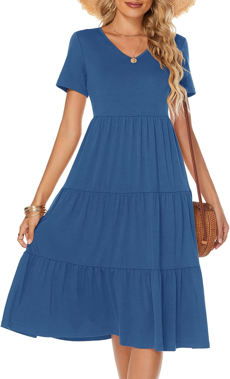 Women'S Casual Summer Tiered Midi Dress 2025 Short Sleeve V-Neck Loose Cotton Ruffle Babydoll Dress Boho Sundress