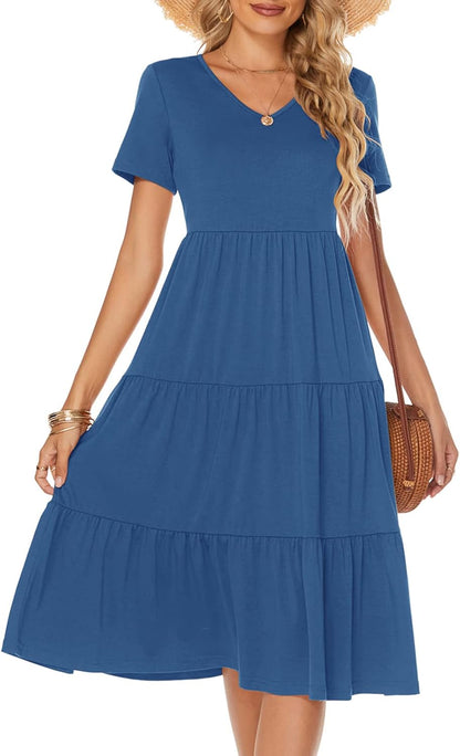 Women'S Casual Summer Tiered Midi Dress 2025 Short Sleeve V-Neck Loose Cotton Ruffle Babydoll Dress Boho Sundress
