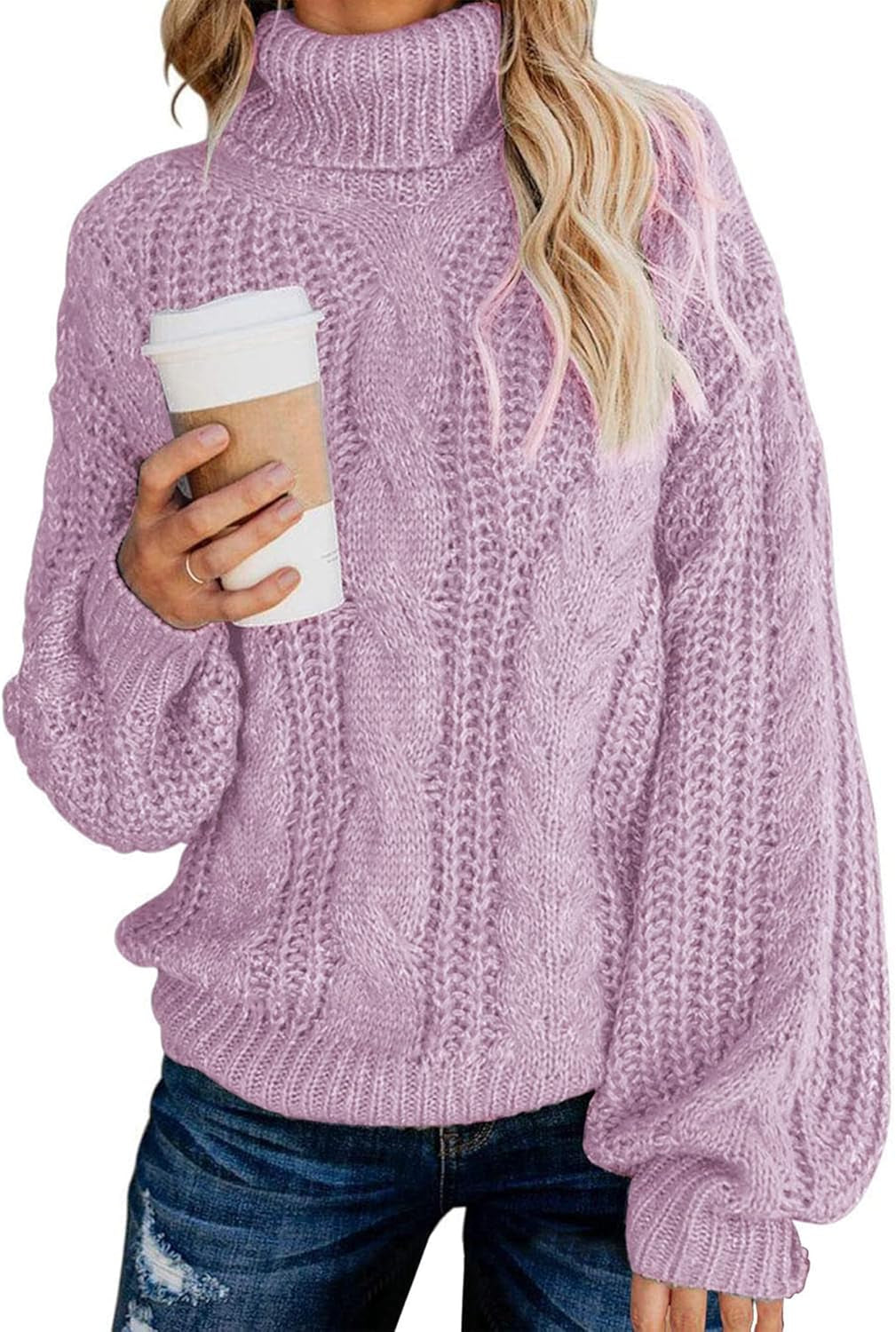 Chic Ballon Sleeve Winter Turtleneck Chunky Sweater Slouchy Oversized Loose Pullover Outerwear Warm Thick