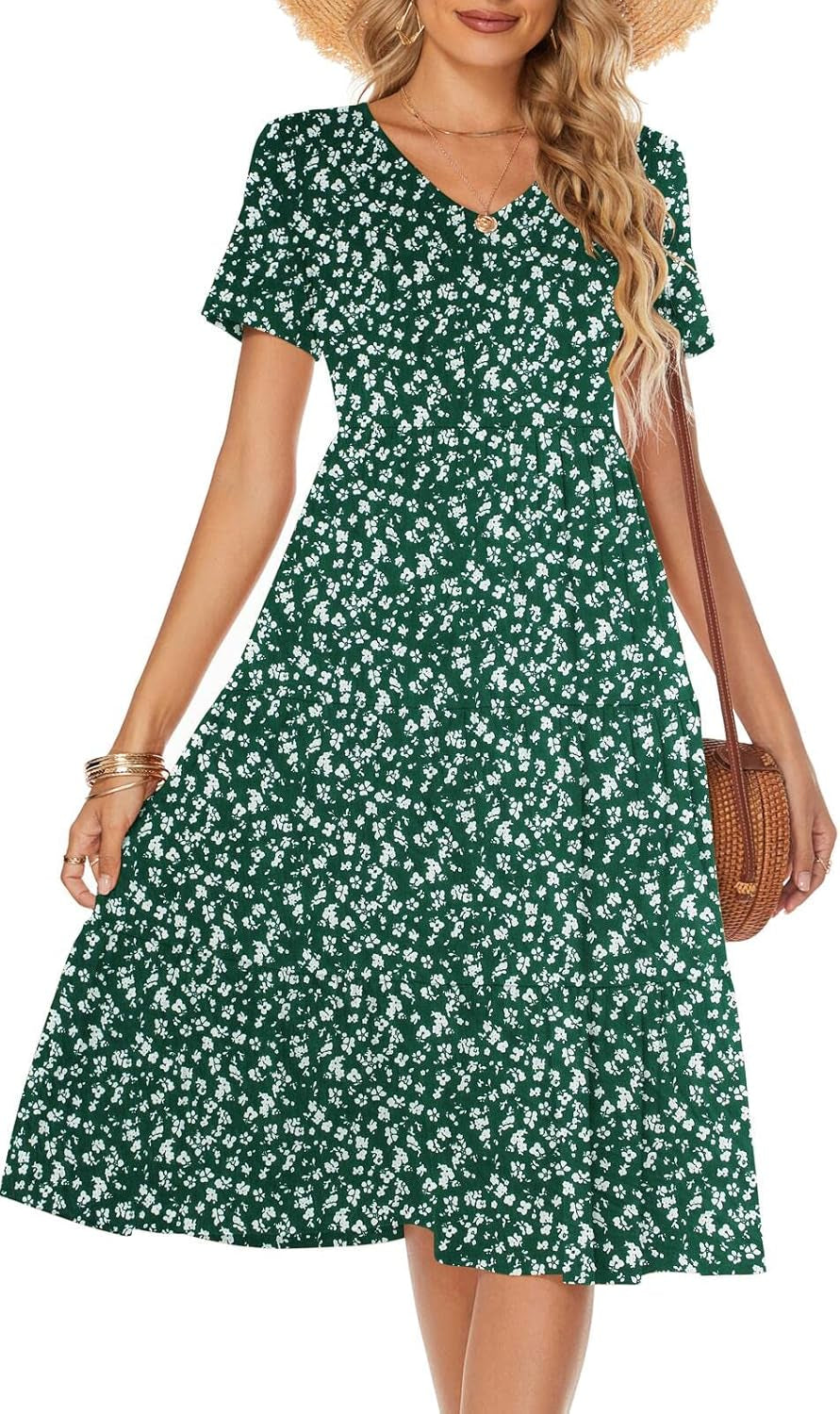 Women'S Casual Summer Tiered Midi Dress 2025 Short Sleeve V-Neck Loose Cotton Ruffle Babydoll Dress Boho Sundress
