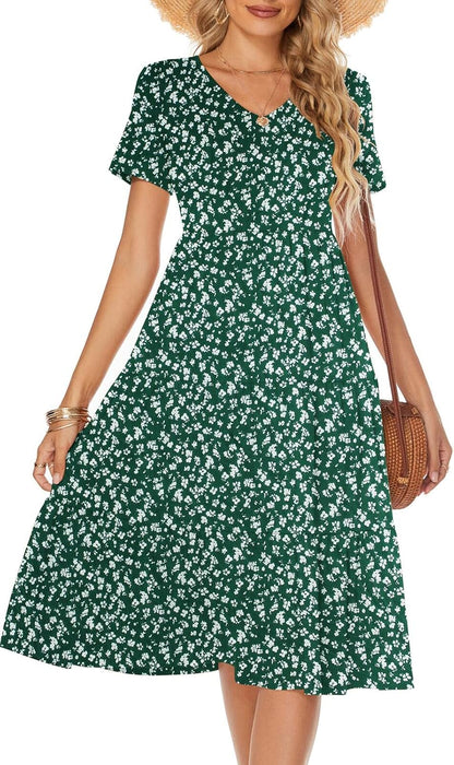 Women'S Casual Summer Tiered Midi Dress 2025 Short Sleeve V-Neck Loose Cotton Ruffle Babydoll Dress Boho Sundress