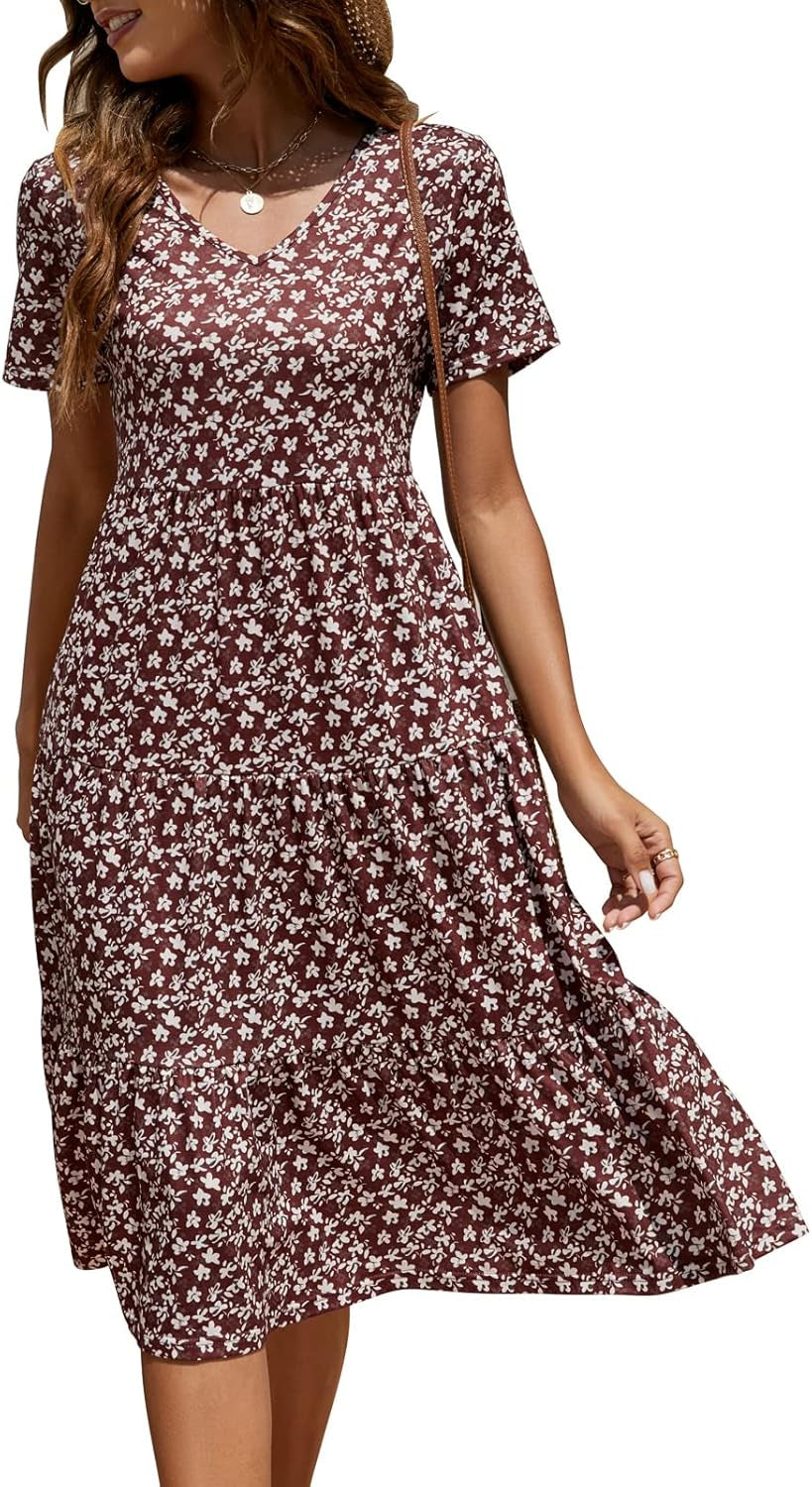 Women'S Casual Summer Tiered Midi Dress 2025 Short Sleeve V-Neck Loose Cotton Ruffle Babydoll Dress Boho Sundress