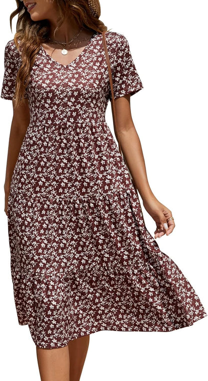 Women'S Casual Summer Tiered Midi Dress 2025 Short Sleeve V-Neck Loose Cotton Ruffle Babydoll Dress Boho Sundress