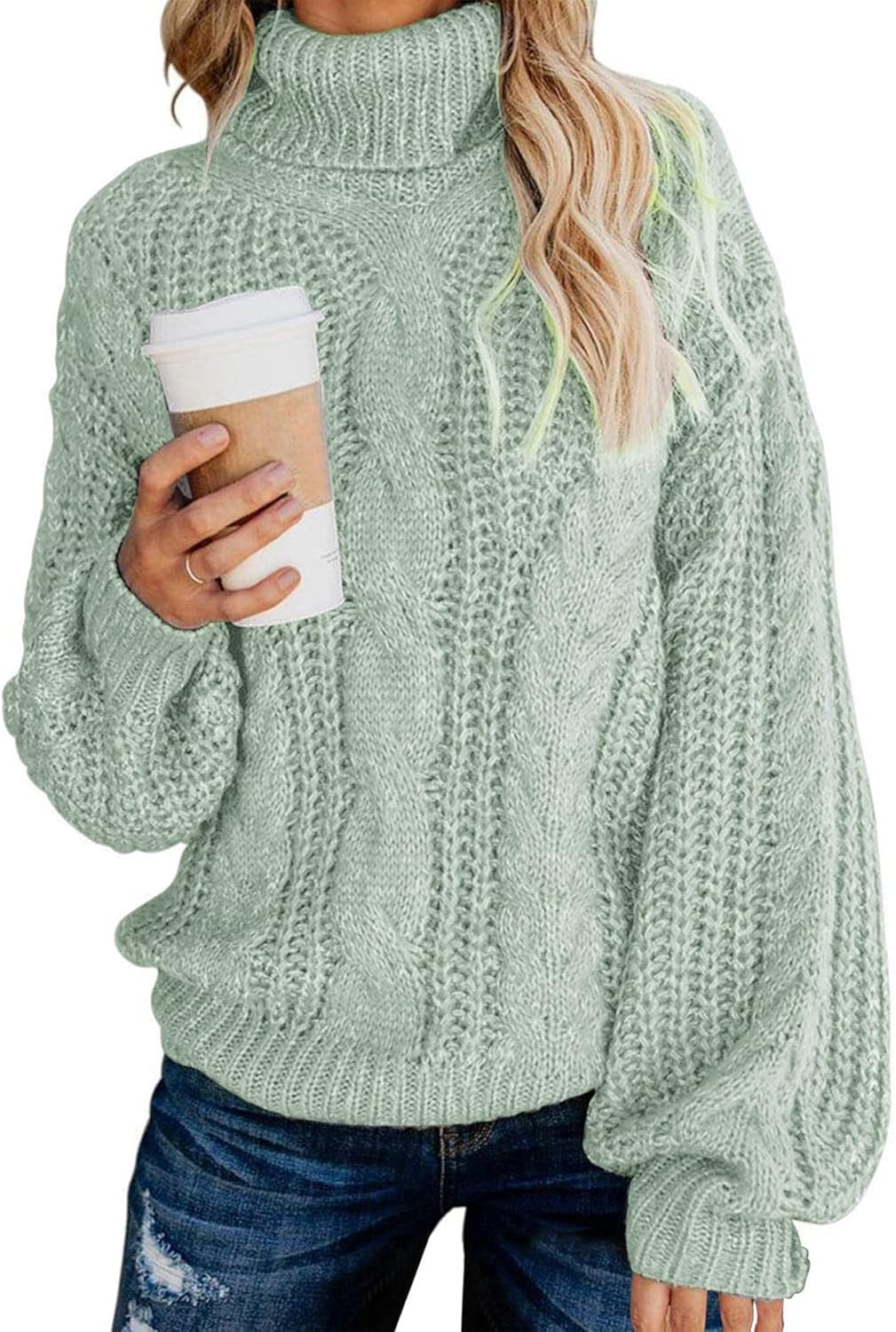 Chic Ballon Sleeve Winter Turtleneck Chunky Sweater Slouchy Oversized Loose Pullover Outerwear Warm Thick
