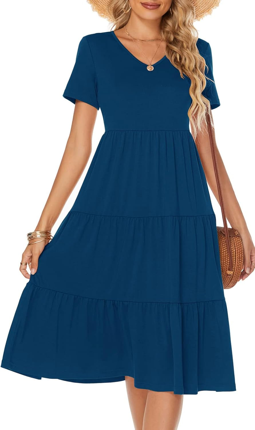 Women'S Casual Summer Tiered Midi Dress 2025 Short Sleeve V-Neck Loose Cotton Ruffle Babydoll Dress Boho Sundress