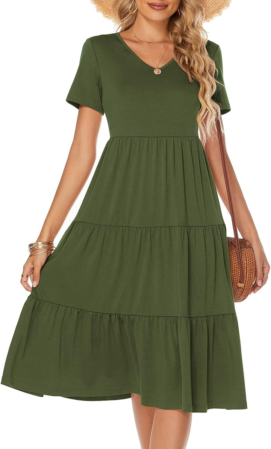 Women'S Casual Summer Tiered Midi Dress 2025 Short Sleeve V-Neck Loose Cotton Ruffle Babydoll Dress Boho Sundress
