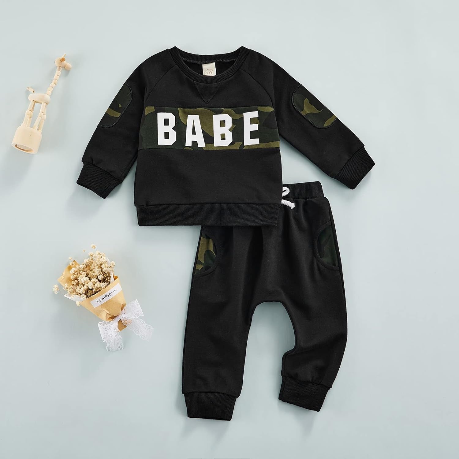Infant Unisex Hooded Sweatshirt and Pants Set with Letter Print - Long Sleeve Romper Outfit (Black, 18-24 Months)