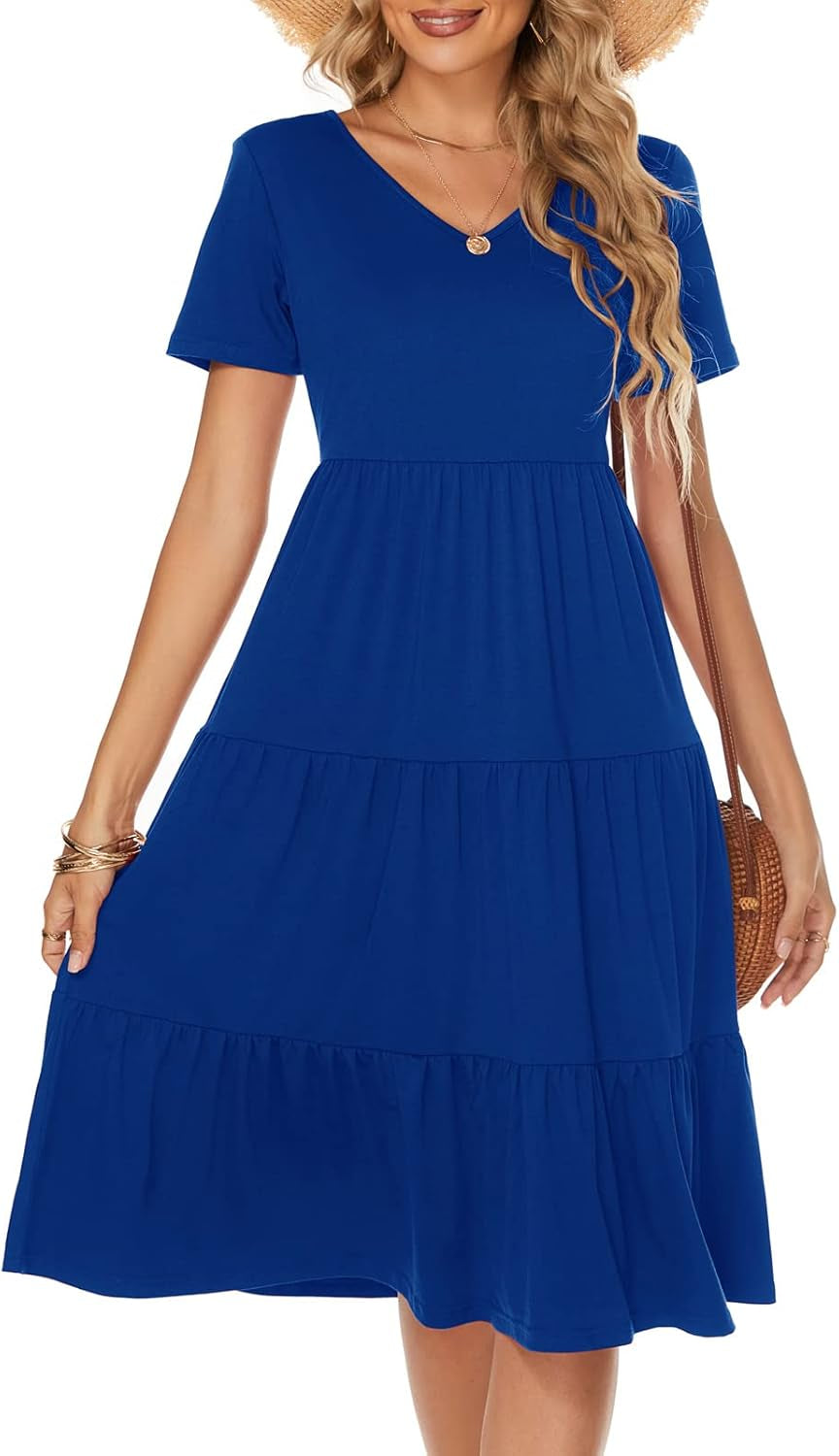 Women'S Casual Summer Tiered Midi Dress 2025 Short Sleeve V-Neck Loose Cotton Ruffle Babydoll Dress Boho Sundress
