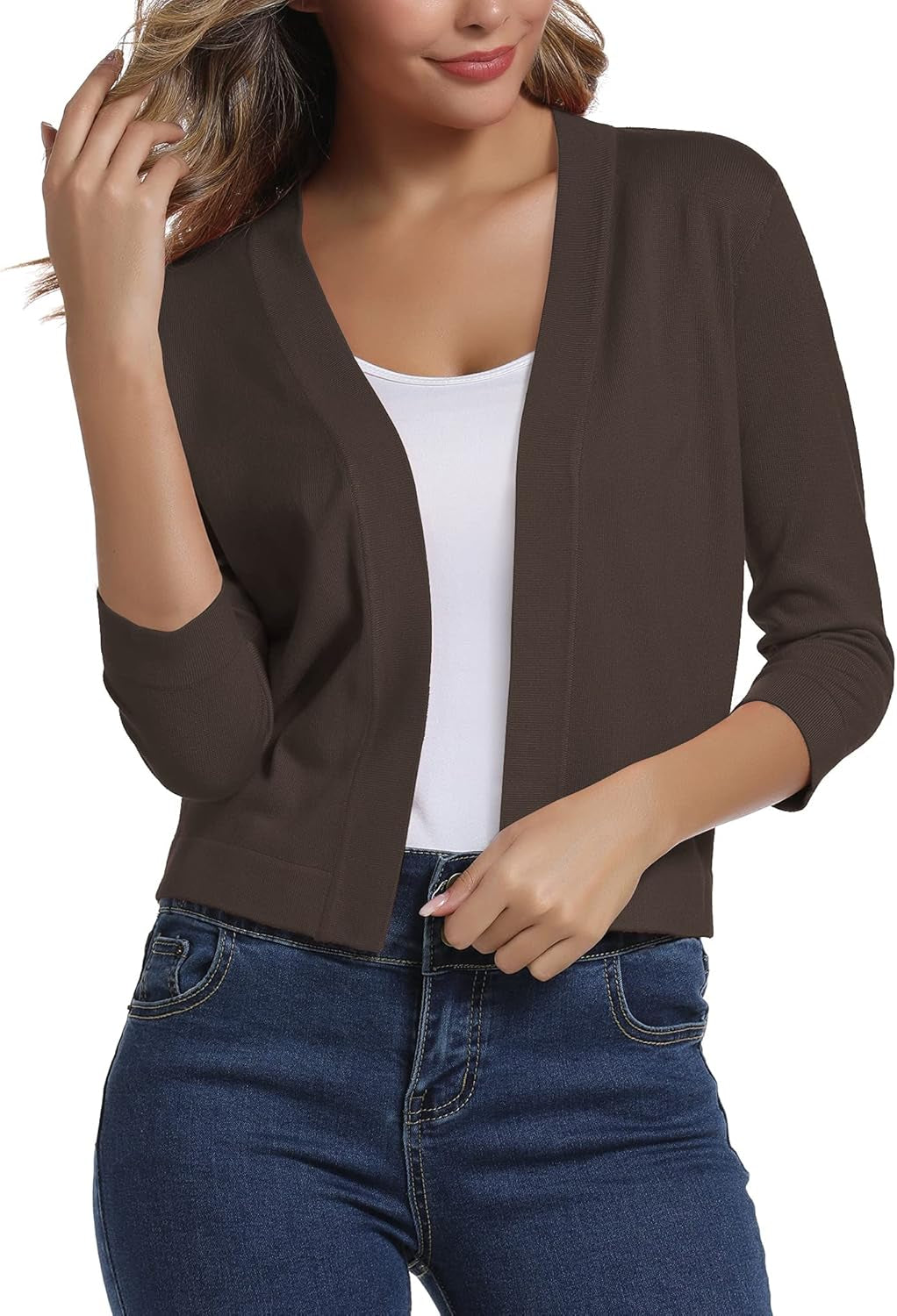 Women'S 3/4 Sleeve Cropped Cardigan Sweater Elegant Shrugs for Women