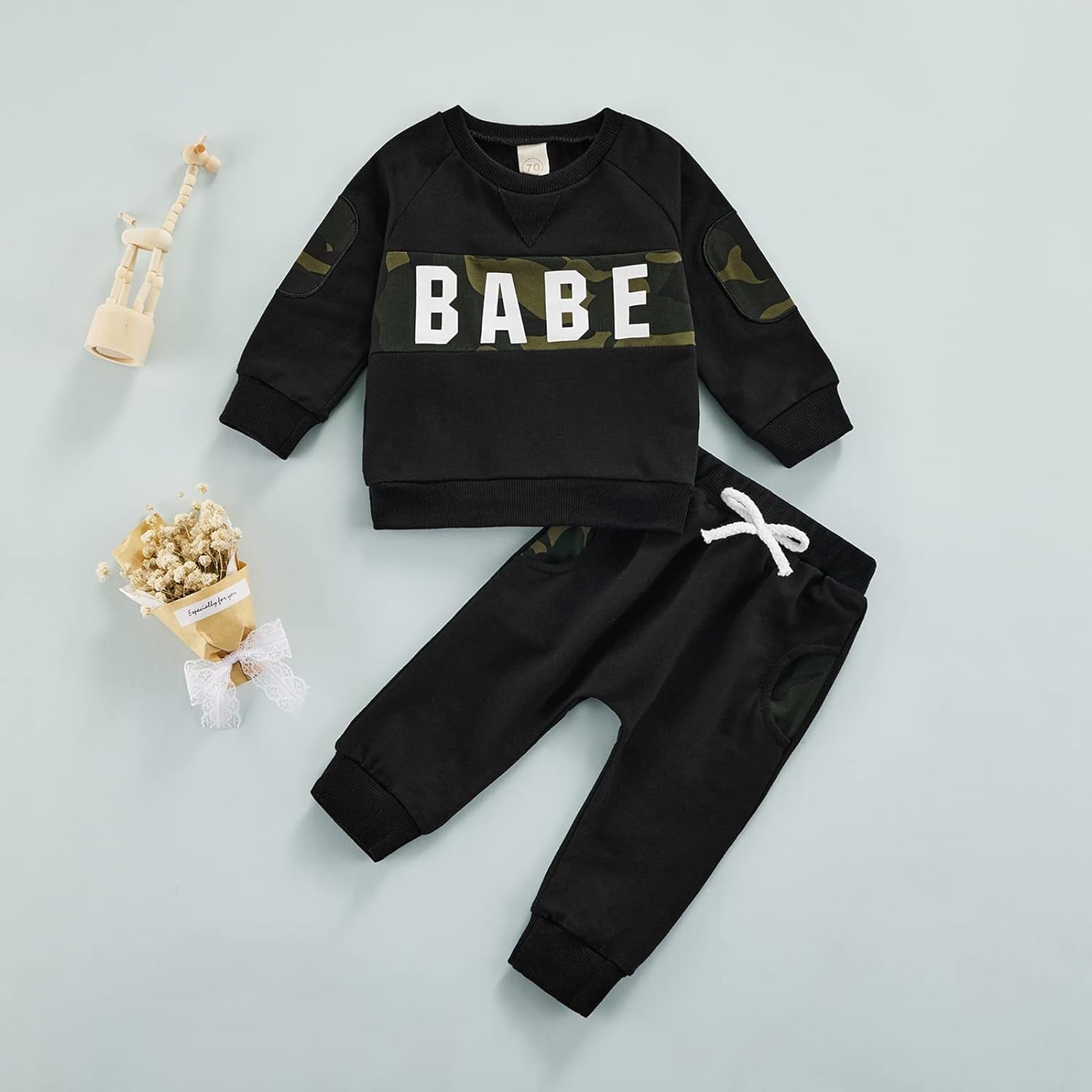 Infant Unisex Hooded Sweatshirt and Pants Set with Letter Print - Long Sleeve Romper Outfit (Black, 18-24 Months)