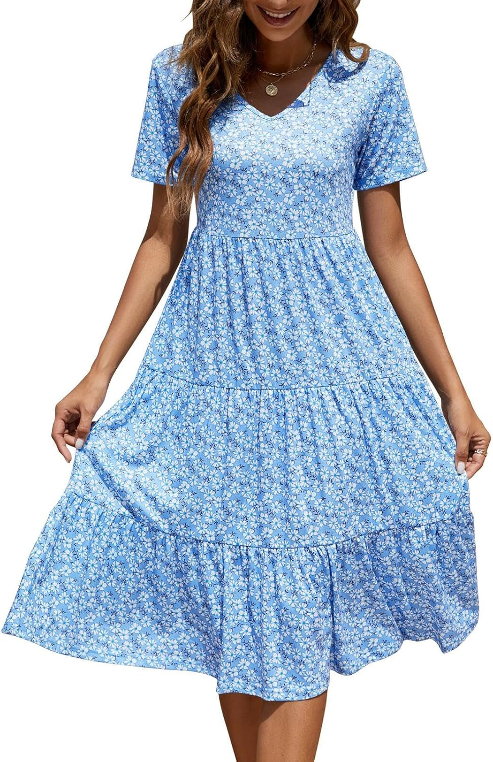 Women'S Casual Summer Tiered Midi Dress 2025 Short Sleeve V-Neck Loose Cotton Ruffle Babydoll Dress Boho Sundress
