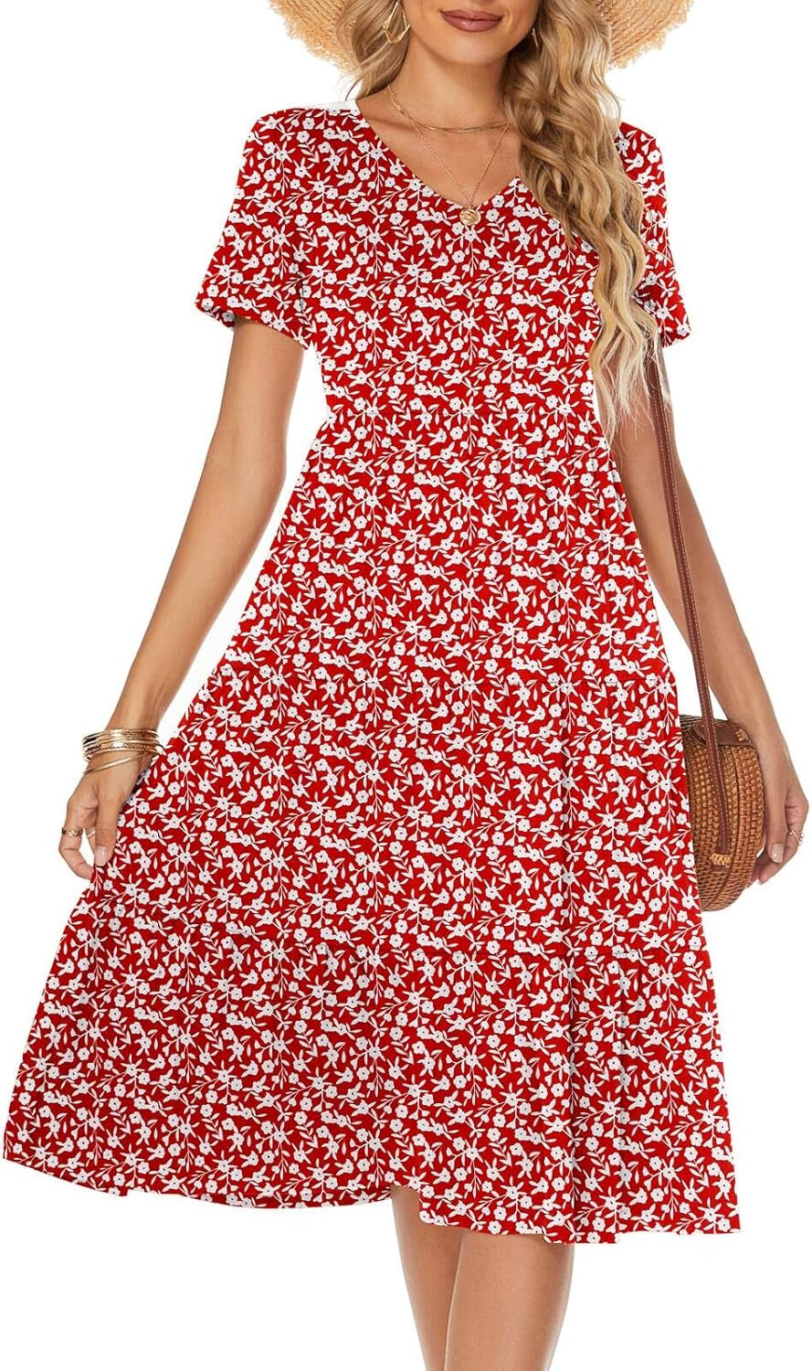 Women'S Casual Summer Tiered Midi Dress 2025 Short Sleeve V-Neck Loose Cotton Ruffle Babydoll Dress Boho Sundress