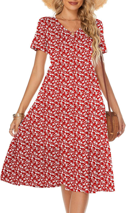 Women'S Casual Summer Tiered Midi Dress 2025 Short Sleeve V-Neck Loose Cotton Ruffle Babydoll Dress Boho Sundress