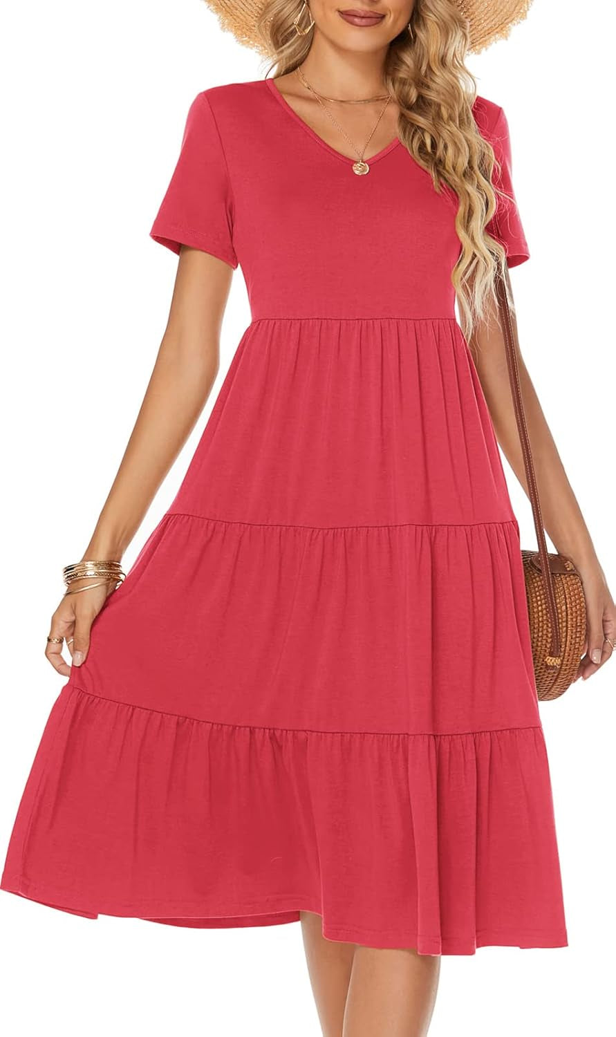 Women'S Casual Summer Tiered Midi Dress 2025 Short Sleeve V-Neck Loose Cotton Ruffle Babydoll Dress Boho Sundress