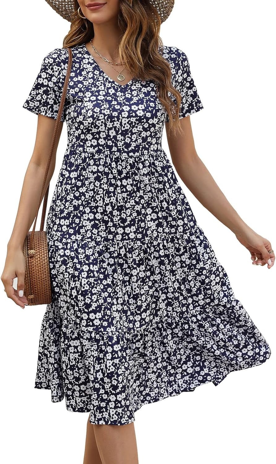 Women'S Casual Summer Tiered Midi Dress 2025 Short Sleeve V-Neck Loose Cotton Ruffle Babydoll Dress Boho Sundress