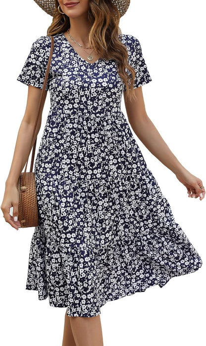 Women'S Casual Summer Tiered Midi Dress 2025 Short Sleeve V-Neck Loose Cotton Ruffle Babydoll Dress Boho Sundress