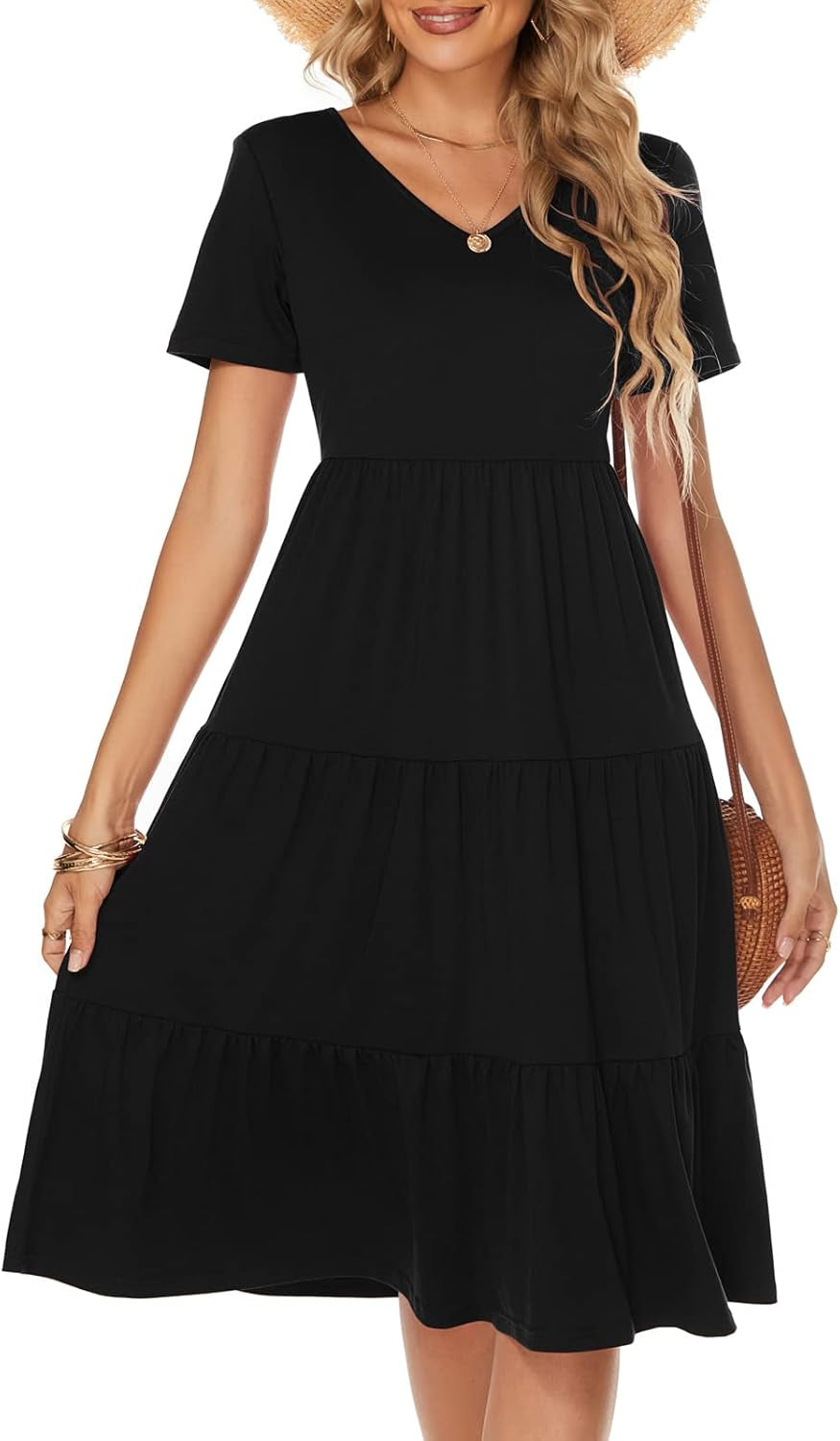 Women'S Casual Summer Tiered Midi Dress 2025 Short Sleeve V-Neck Loose Cotton Ruffle Babydoll Dress Boho Sundress