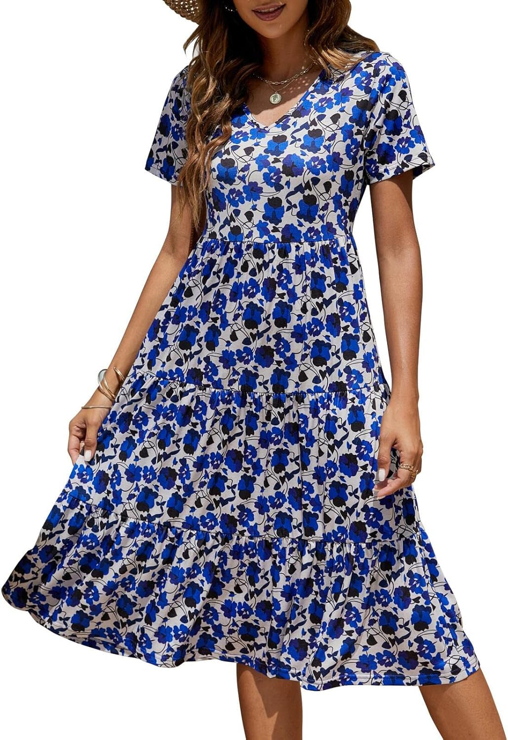 Women'S Casual Summer Tiered Midi Dress 2025 Short Sleeve V-Neck Loose Cotton Ruffle Babydoll Dress Boho Sundress