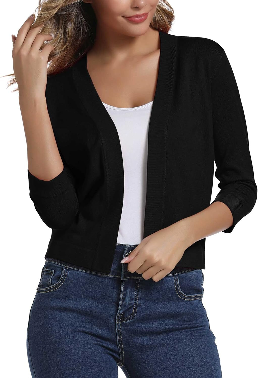 Women'S 3/4 Sleeve Cropped Cardigan Sweater Elegant Shrugs for Women